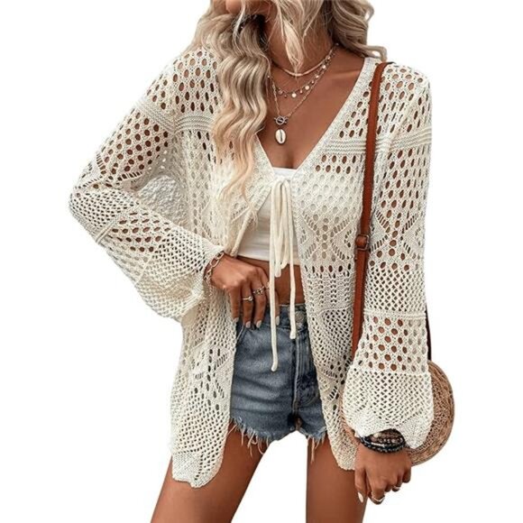 Tie Front Sheer Kimono Cardigan Cover Up Hollow Out Crochet Boho Beach Outfit - Picture 6 of 6